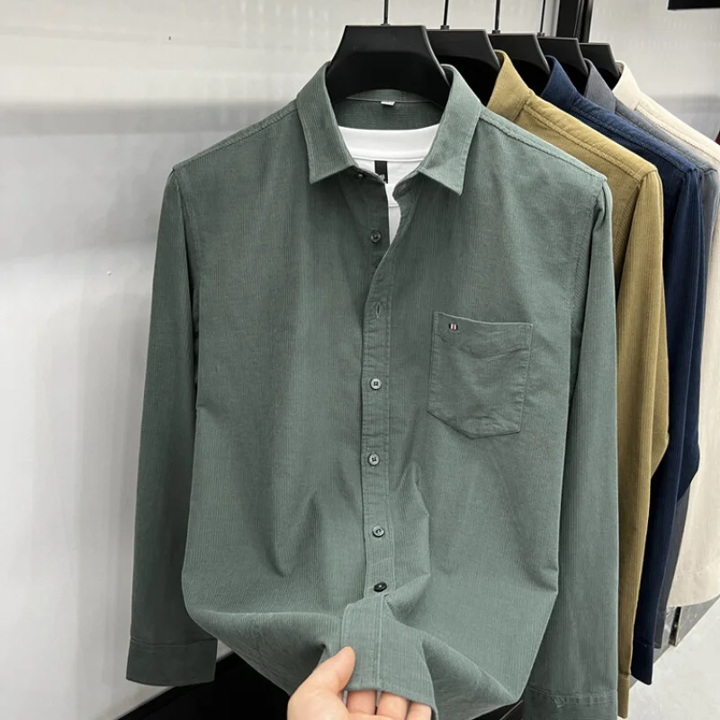 

High-End Quality Autumn Cotton Business Real Pocket Men's Long-Sleeved Shirt Solid Color Casual Shirt Trendy Shirt Trendy