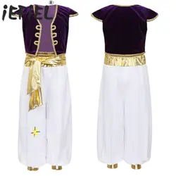 Kids Boys Aladin Arabian Prince Cosplay Costume Cap Sleeves Waistcoat Top with Pants Halloween Fairy Party Carnival Dress Up