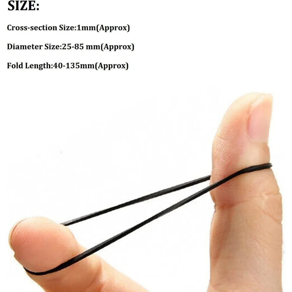 1 Packung mit 30 gemischten, gefalteten, 1 mm breiten, quadratischen, schwarzen Gummi-Keilriemen für Kassettenabspielgeräte, Walkman-Geräte und Plattenspieler. – Detail 4