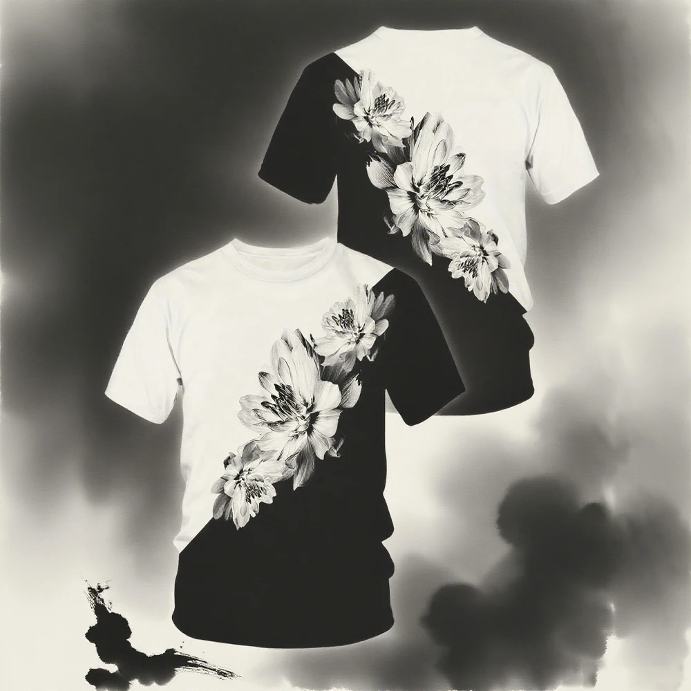 

Мужские большие размеры, черно-белые градиентные цветочные принты, повседневные дышащие классические топы, детская футболка, мужские рубашки, женские футболки Y2k