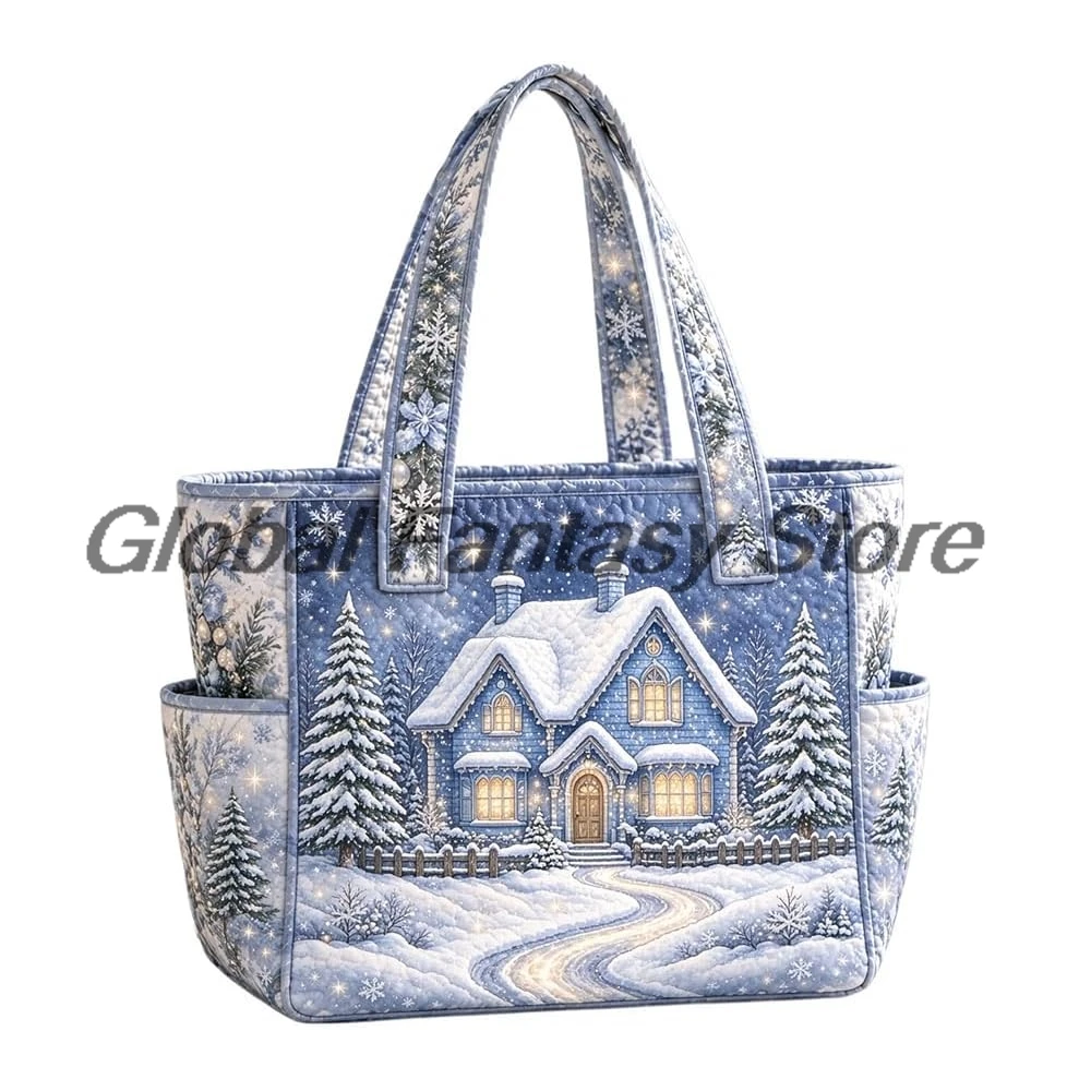 Winter Christmas Quilted Tote Bag Xmas Blue Snow Print Multiple Pockets Shoulder Handbag Women Daily Shopping Bags