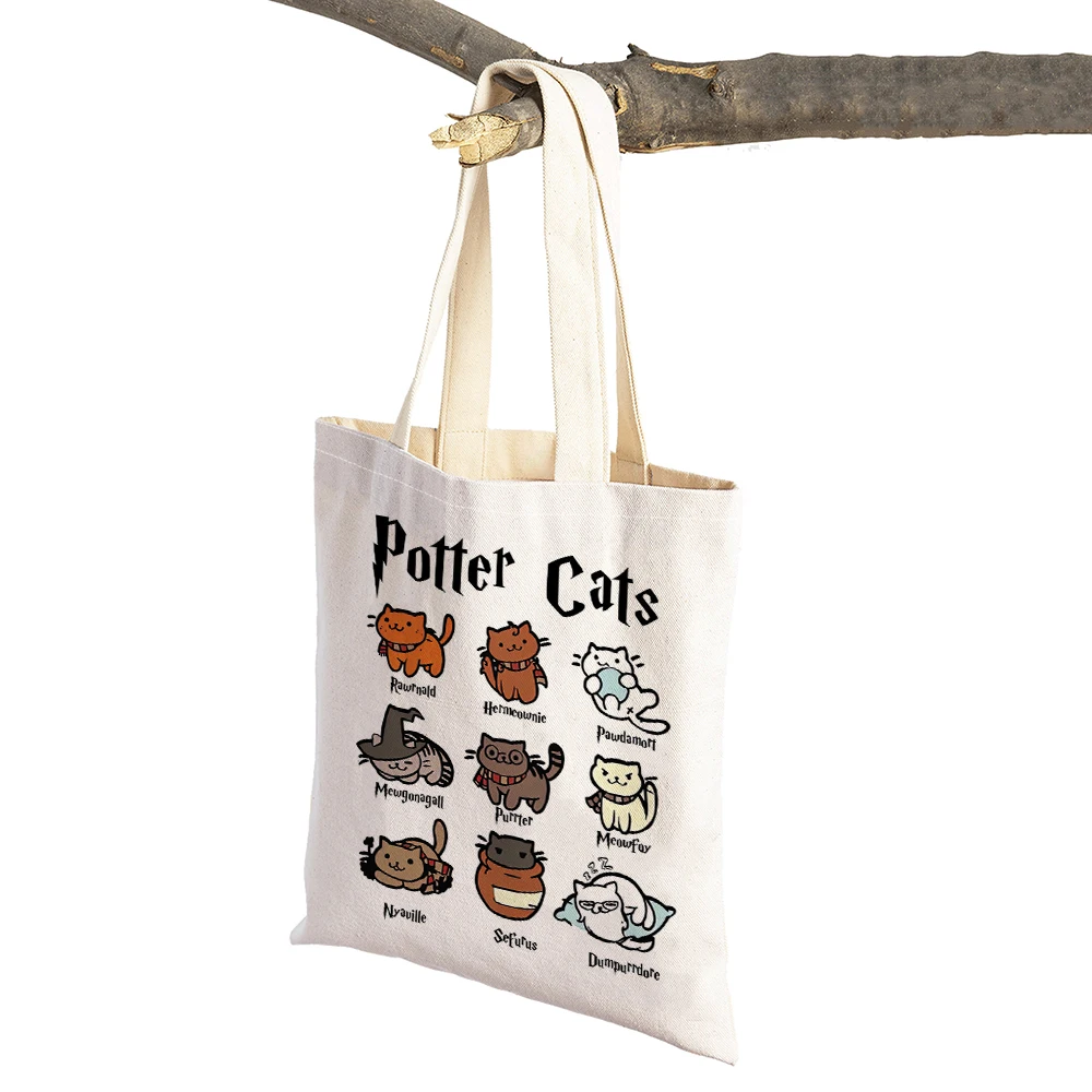 Children Gift Potter Cats Women Shopping Bags Double Print Casual Cartoon Pet Animal Lady Canvas Handbag Tote Shopper Bag