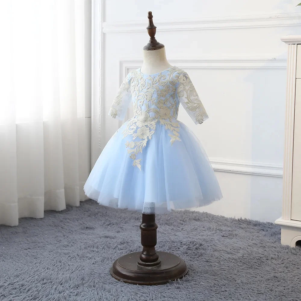 

Sky Blue Flower Girl Dress Applique Lace Three Quarter Sleeve Puffy Knee Length Birthday Party Pageant First Communion Gowns