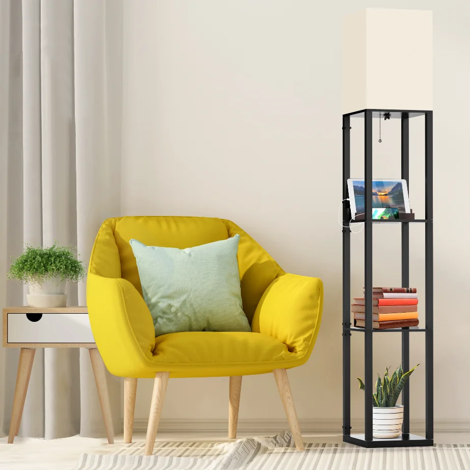 With Shelves, Solid Wood, Usb Ports And Bulb Included