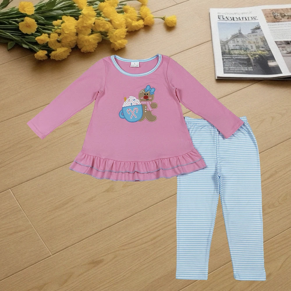 

9.25 Kids Winter Clothes For Girls Embroidery Baby Girls Pink Christmas Gingerbread Tunic Blue Legging Pants Sets