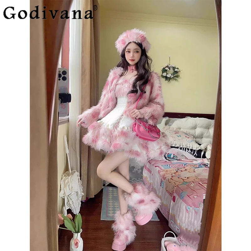 الحلو الفتيات الوردي لطيف لوليتا فستان مجموعة النساء تنوعا معطف أفخم فو الفراء قصيرة JSK لوليتا دعوى الخريف الشتاء اليابانية وتتسابق