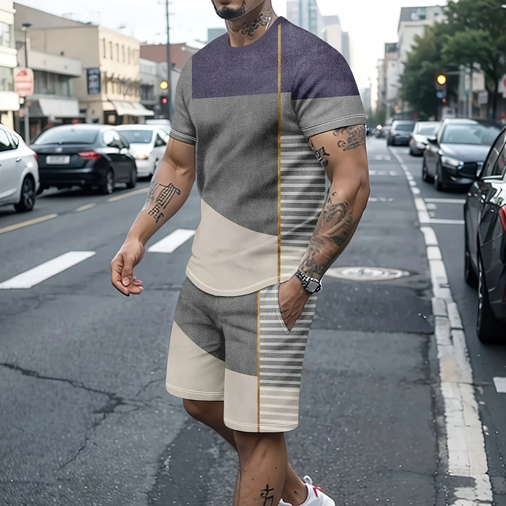 New 2024 Summer Street Men\'s Short Sleeve Shorts Set Leisure Large Size Menwear Fashion Men\'s 3D printed T-shirt two-piece set