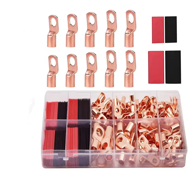 100pcs Copper Terminal Connectors, AWG 4 6 8 10 12 Ring Lug Kit With Shrink Tubing 50 Battery Cable Lugs, With 50 Shrink Tubing