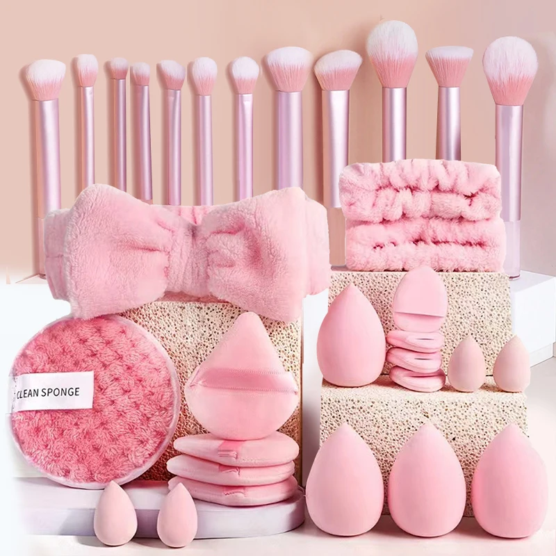 Makeup Brushes and Sponges Set, Pink Makeup Puff, Beauty Egg, Headband, Wristband Remover Kit, Makeup Tool, Gift 20-32pcs