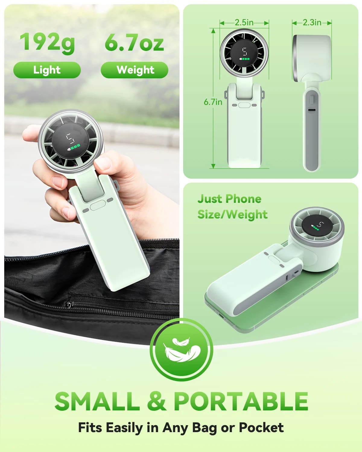 5 Gear Wind, USB-C Rechargeable Fan,Portable Handheld Turbo Fan, Up to 12 Working Hours, 3 IN 1 Hand Fans with Air Turbo Tech Cooling Fan for Outdoor Activities, Travel, Beach (Green) view 6