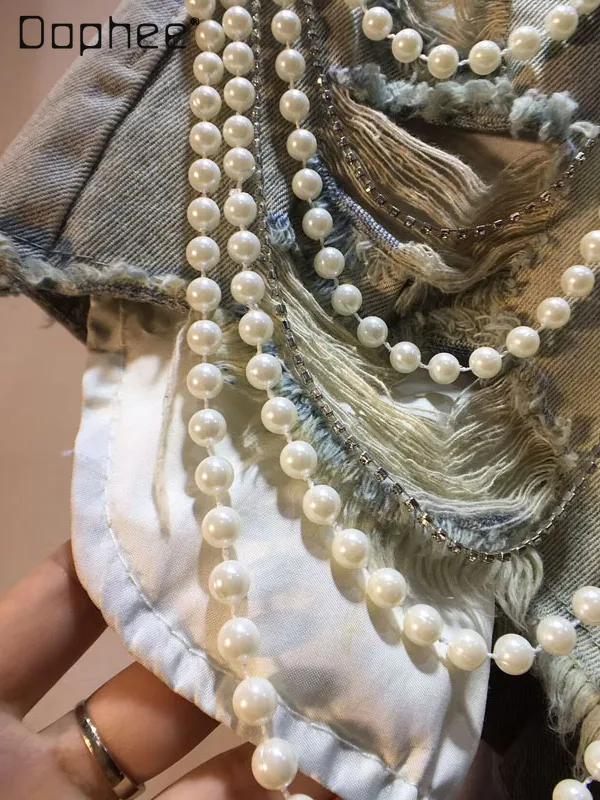 Summer New High-end Heavy Industry Beaded Pearl Chain Denim Shorts Fashion Personality High Waist Slim Ripped Jean Shorts Women