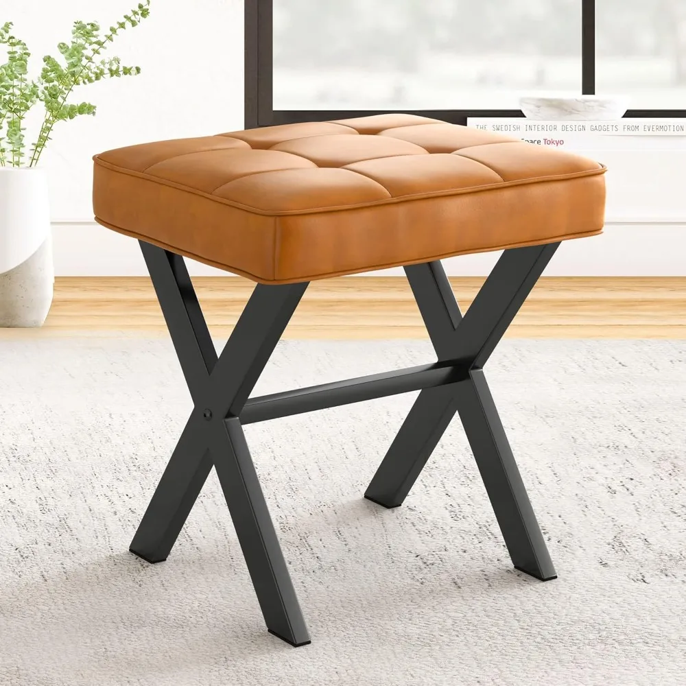 

Vanity Stool, Faux Leather X-Leg Foot Stool, Small Ottoman Makeup Stool Chair for Vanity, Modern Padded Foot Rest Vanit