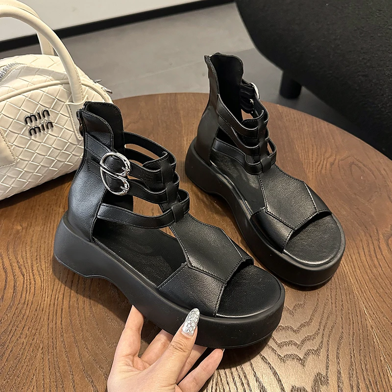 

Women Sandals Summer 2025 Mid Heeled Wedges Shoes for Women Retro Leather Gladiator Sandals Platform Rome Sandalias De Mujer