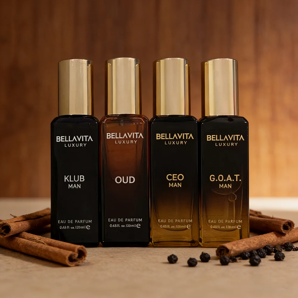 

BellaVita Luxury Men's Perfume Collection | KLUB MAN, OUD, CEO MAN & G.O.A.T. MAN Eau de Parfum Set | 4x20 ml Each | Woody, Spic