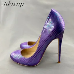 Tikicup Purple Snakeskin Women Slip On High Heel Shoes Fashion Designer 8cm 10cm 12cm Comfortable Sexy Stiletto Pumps Size 33-46