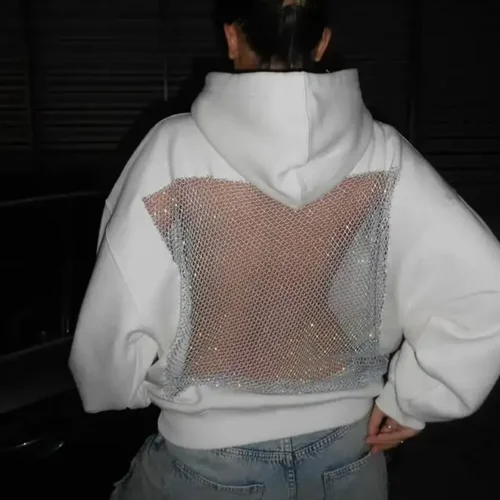 Imagen 2 del producto Sudadera con capucha de malla hueca sin espalda para mujer, sudadera de manga larga de Color sólido, Top informal para otoño e invierno, regalo de Navidad perfecto