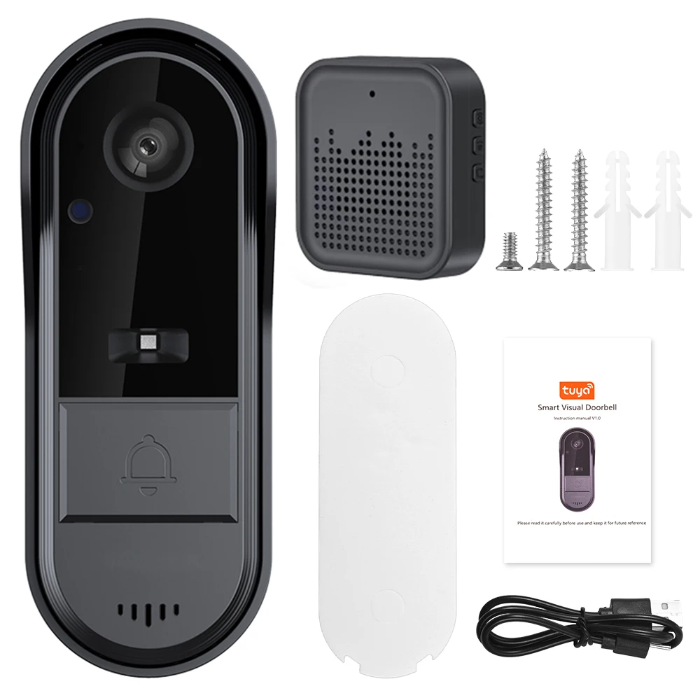 Wireless Video Doorbell Camera with Wireless Chime Ringer Two Way Audio Tuya APP Control Night Viewing 2.4G WiFi Only TF Card