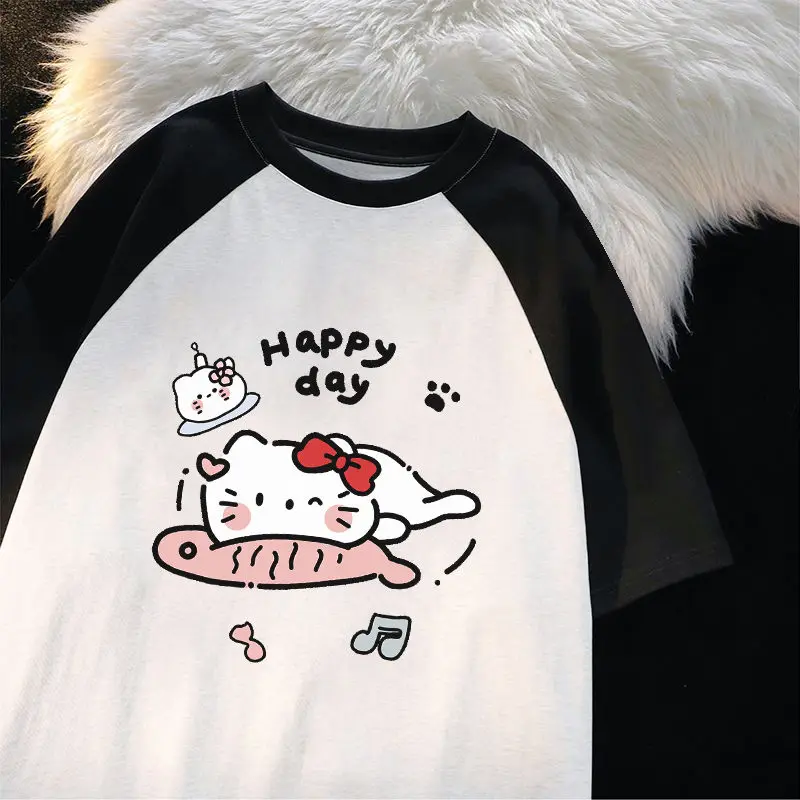 Sanrio เสื้อยืดแขนสั้นคอตตอนแท้สำหรับฤดูร้อนใหม่เสื้อลายการ์ตูนเสื้อแร็กแลนสีตัดกันน่ารักแบบหลวมสำหรับผู้หญิงของขวัญ