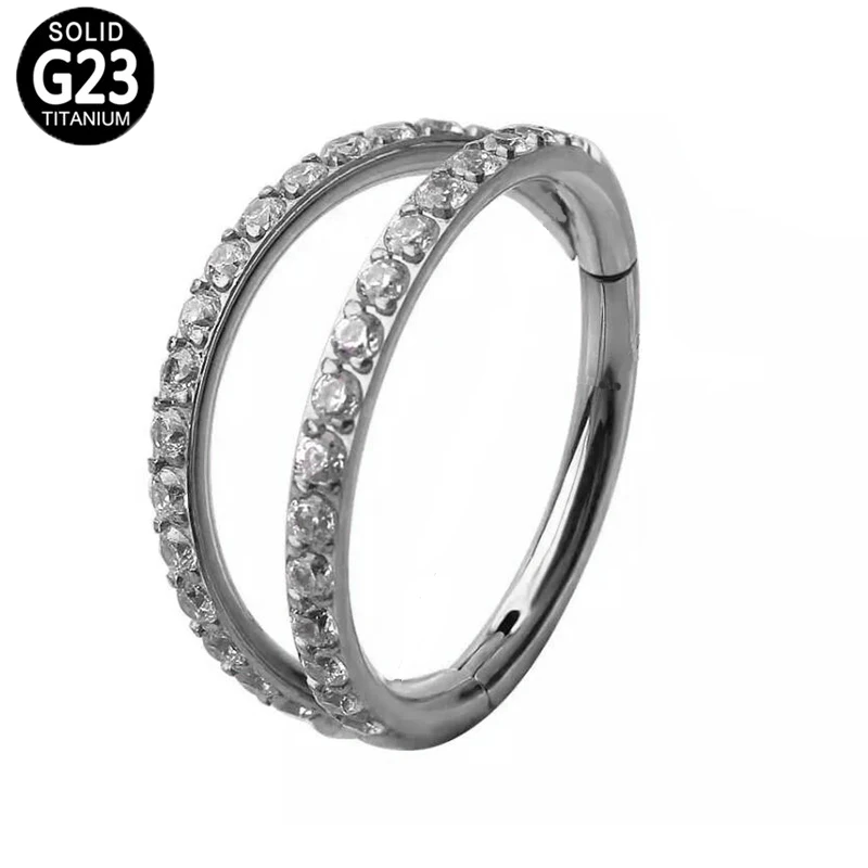 G23 Titanium with Two Rows CZ Nose Ring Hinged Segment Clicker Ear Cartilage Helix Lip Stud Tragus Nipple Rings Piercing Jewelry