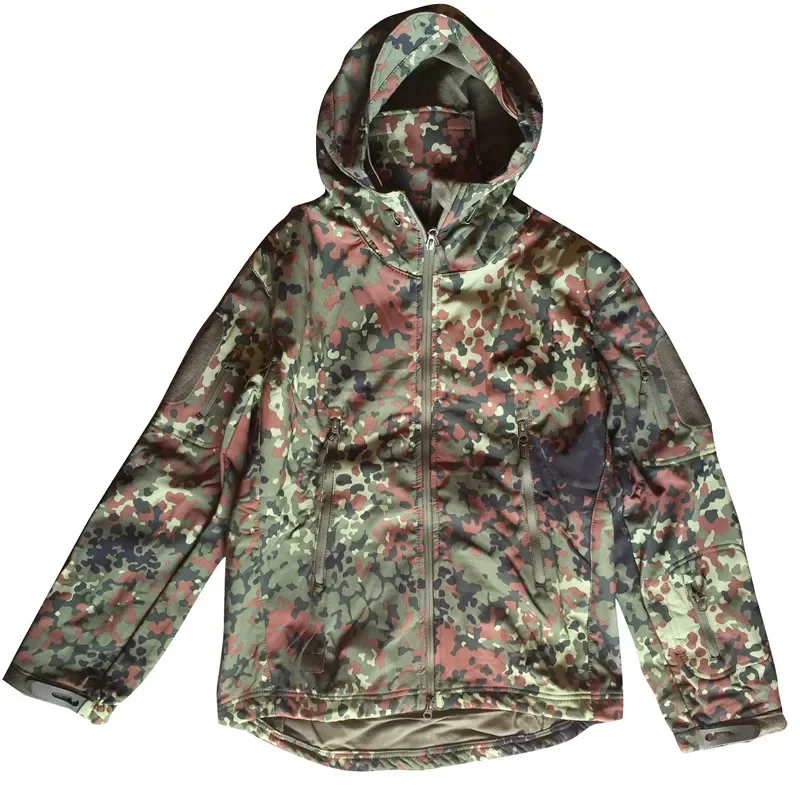 German Flecktarn Camo Uniform Jungle Softshell Jacket TAD-fit Fleece Hooded Trench Coat