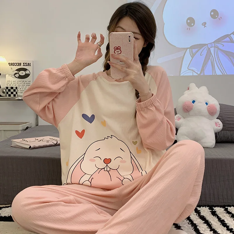 100kg Large Size Cartoon Pajamas set Women's Korean Sweet Spring Long-sleeved Trousers Loungewear Suit Can Be Worn Outside 5XL