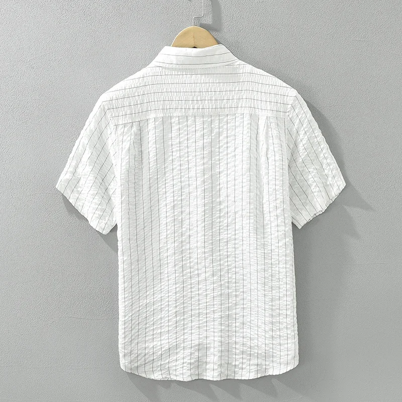 Camisa de manga corta a rayas para hombre, camisas informales con cuello vuelto, ropa de moda con bordado de letras, novedad de verano 2024