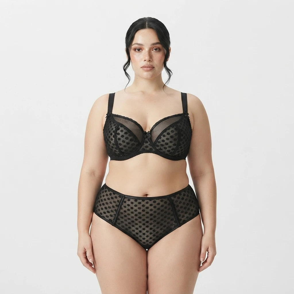 Women Curvy Plus Size Polka Dot Mesh Lace Bra Panty Set Underwire Support Full Figure Big Cup E F G H I Breathable Lingerie 2pcs