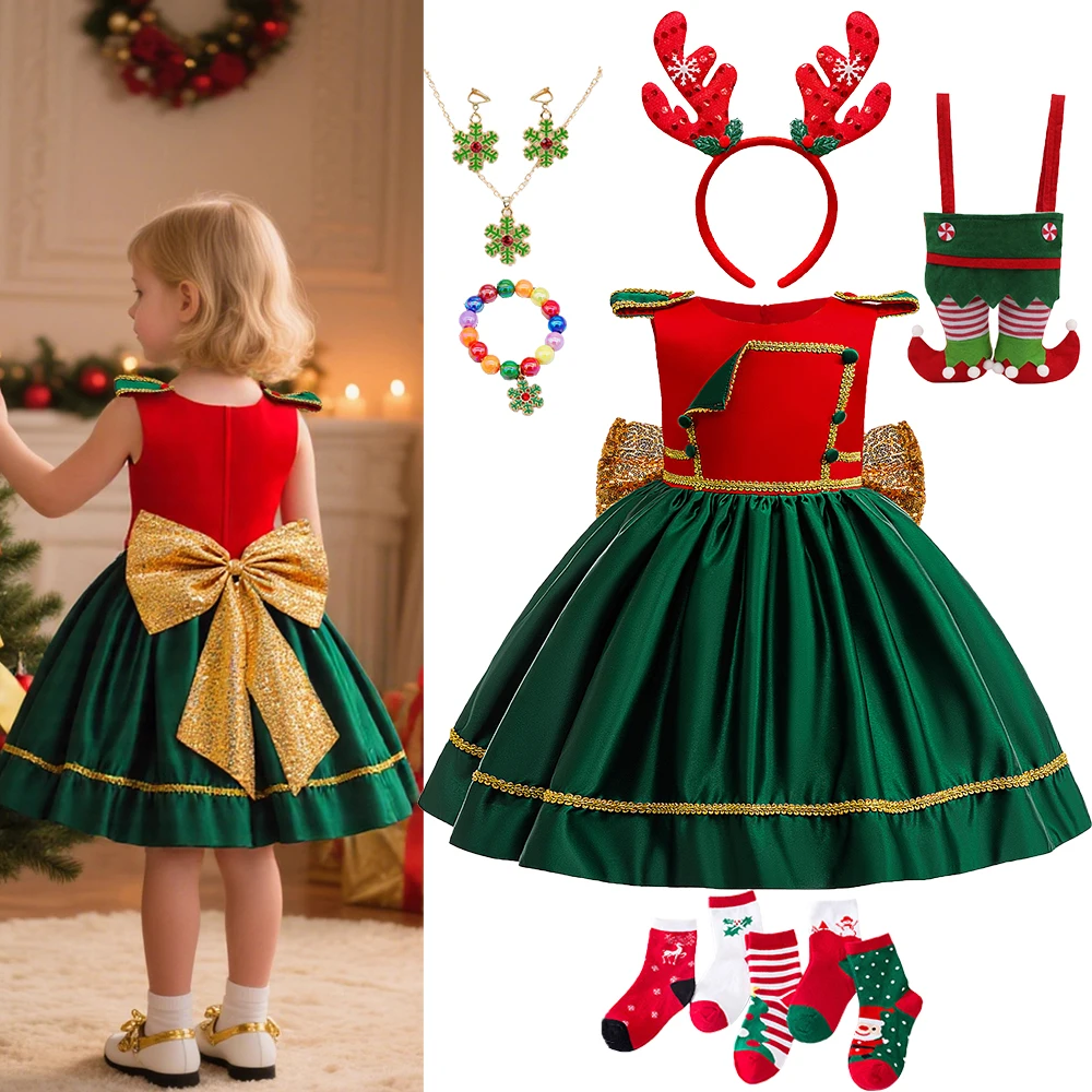 

Рождественское платье в стиле «Щелкунчик» для девочек с золотым бантом, праздничное платье для малышей, красное, зеленое, торжественное платье для праздничного Рождества