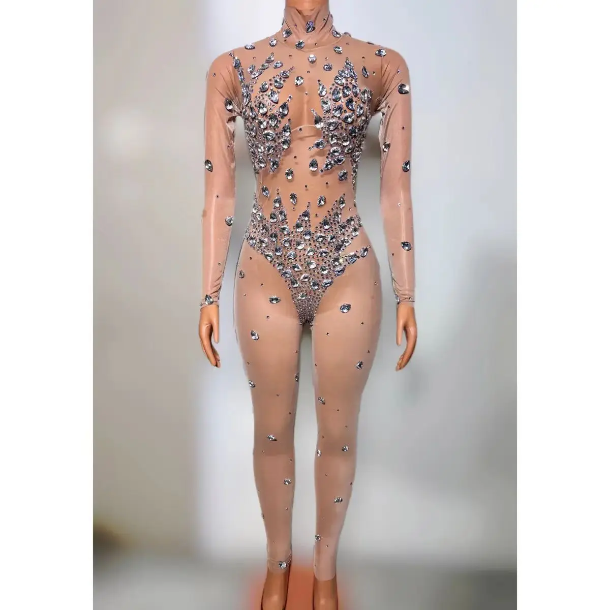 

Sexy Full Diamond Perspective Mesh Jumpsuit Nightclub DJ Bar Female Singer Stage Costume Party Dance Team Theme Show Clothing