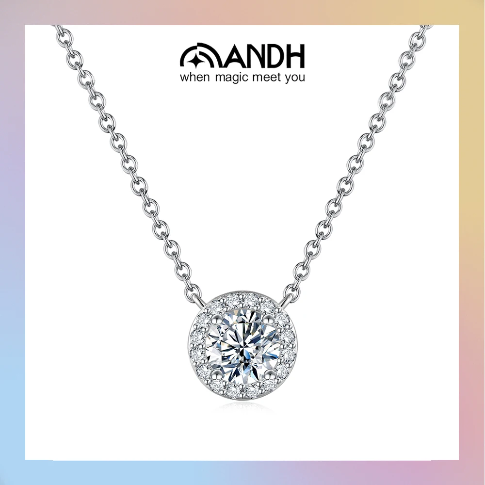 

ANDH White Gold Plated 1CT D VVS1 Moissanite Necklace For Woman 925 Sterling Silver Pendant Wedding Bridal Fine Jewelry Gift