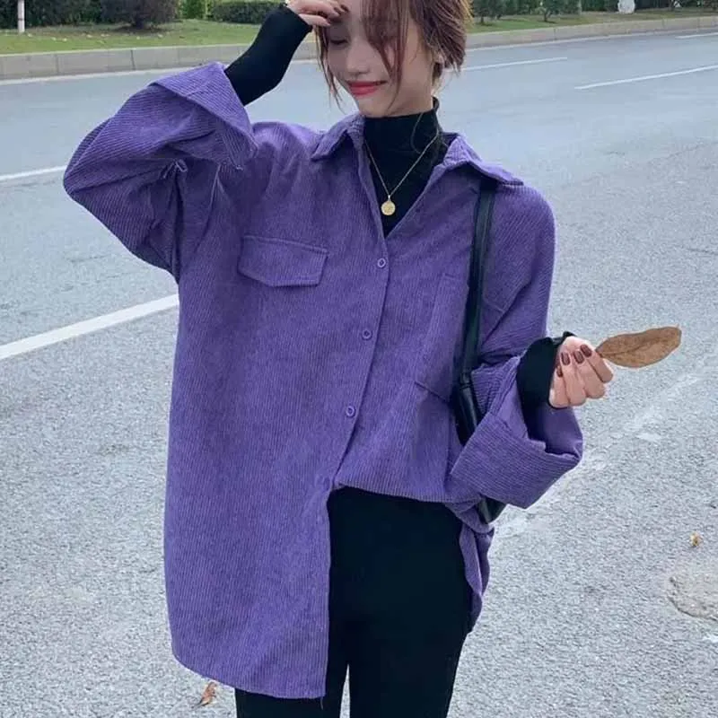 Female Autumn Winter Korean Loose Fit Thickened Shirt Tops Women Fashion Purple Corduroy Jacket Lazy BF Style Shirt Tops Coat