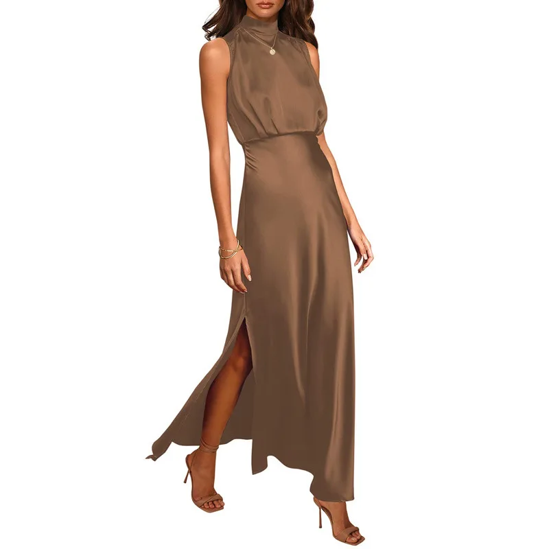 

Elegant Temperament Summer Dress Women's Satin Stand Up Collar Dress Fashionable Socialite Sleeveless Light Evening Dress