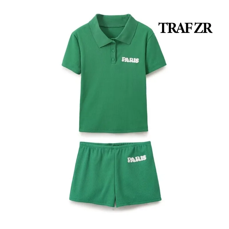 TRAF ZR Sports Sets for Women 2 Pieces Holiday Outfits Womens Vacation Outfits Short Sleeve Sets Elegant Casual Women\'s Set