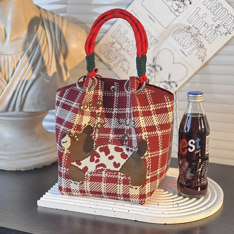 

Большая сумка Сумка на плечо Вязаная ручная сумка-нишевый дизайн Сумка-ведро Повседневная универсальная сумка на одно плечо Тканая портативная сумка