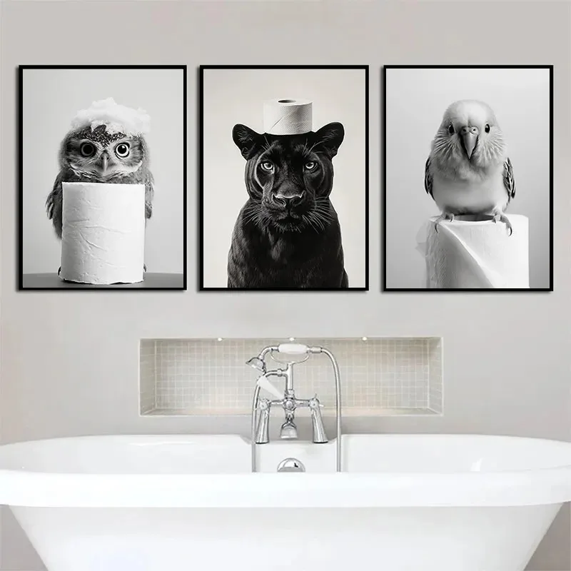 Animal Bathroom Toilet Paper Poster Otter Hedgehog Giraffe Gift Wall Room Home Decor Black White Print Modern Canvas Painting