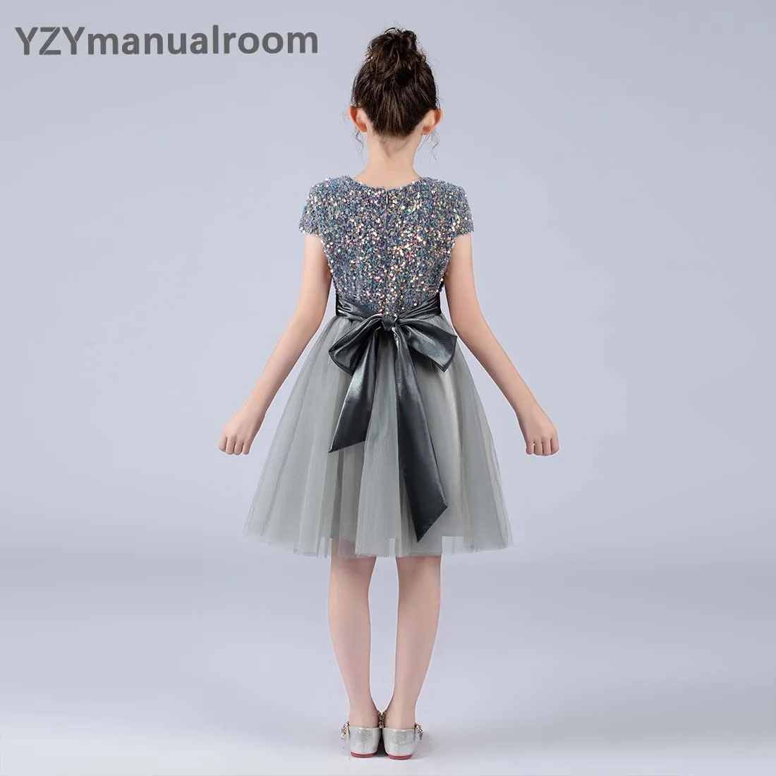 Yzymanualroom glitter lantejoulas mangas curtas tule vestidos da menina de flor concerto princesa vestido longo júnior dama honra vestido