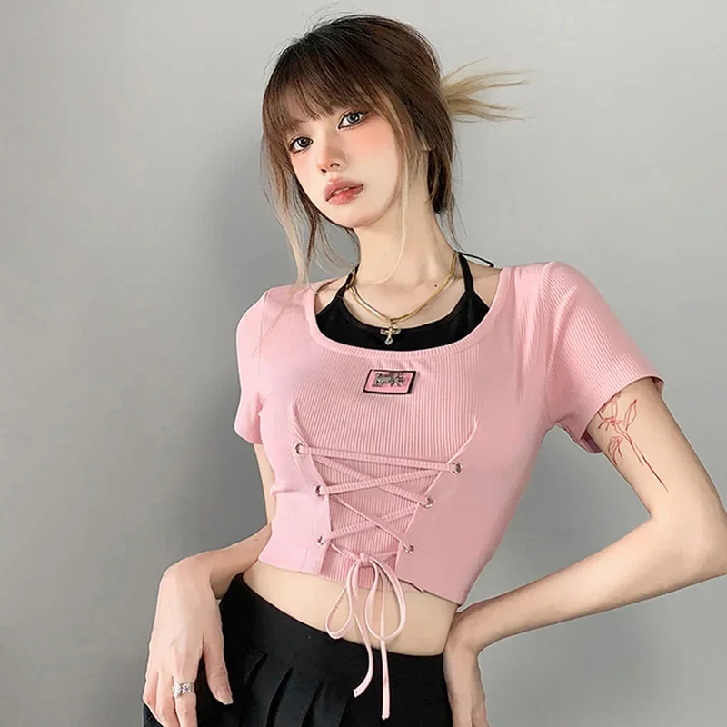 2024 Nuove Donne Sexy Halter Slip Crop Vestiti Della Signora Dolce Y2k T-shirt a maniche corte Femminile Tie Up Aderente Designer Estate Magliette e camicette