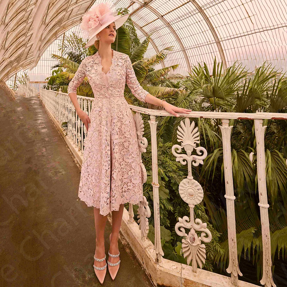 

Classic Pink Mother of the Bride Dresses with Lace Coat Mother Gowns Two Pieces 2024 Wedding Party Dress Tea Length 3/4 Sleeve