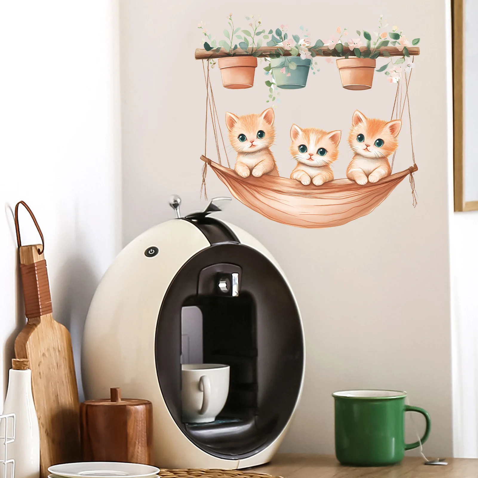 Cute Cat Flower Pot Wall Decals Watercolor Hammock Plant Self Adhesive Peel and Stick Stickers for Bedroom Living Room Accent