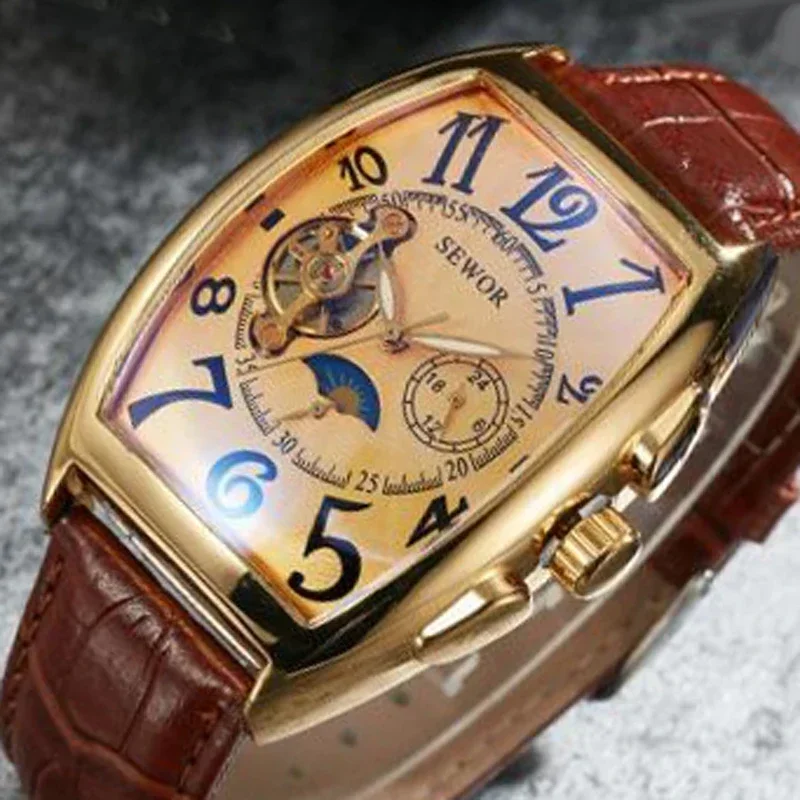 

SEWOR Luxury Gold Tourbillon Watches Mon Phase Small Seconds Leather Strap Automatic Mechanical Wristwatches Relogio Masculino