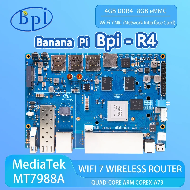 Banana Pi BPI-R4 4GB DDR4 8GB eMMC MT7988A (Filogic 880) quad-core Arm Corex-A73 flash Smart Board