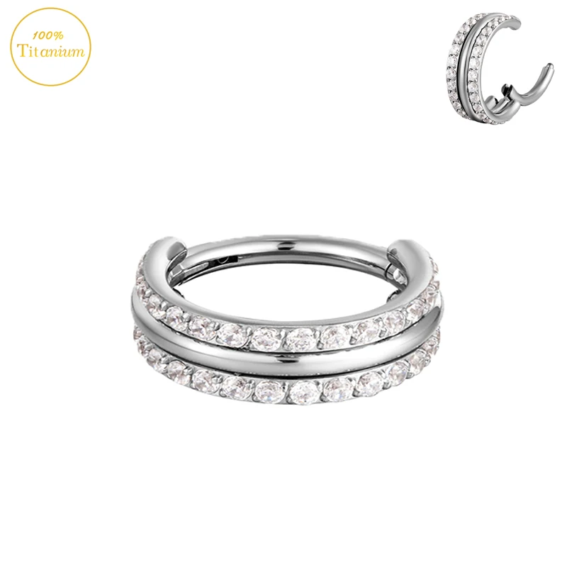 G23 Titanium Piercing Nose Ring Two Rows Of Zircon High Section Clickers Tragus Cartilage Earring Fashion Body Piercing Jewelry