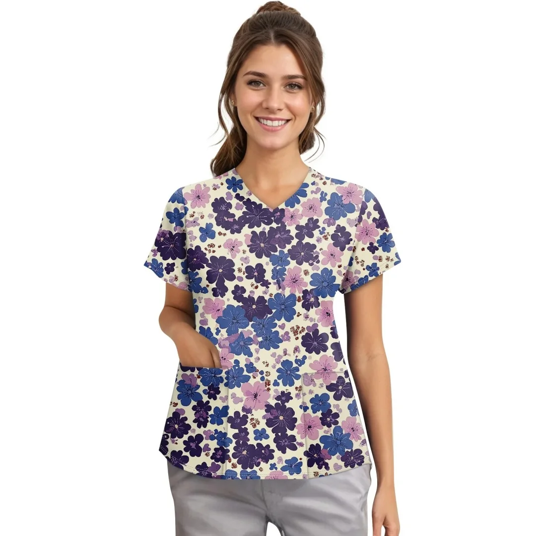 V-Neck Pocket Cartoon Animal Print Care Workers T-Shirt Tops Clinic Working Clothing Women Short Sleeve Scrub Tops Nurse Uniform
