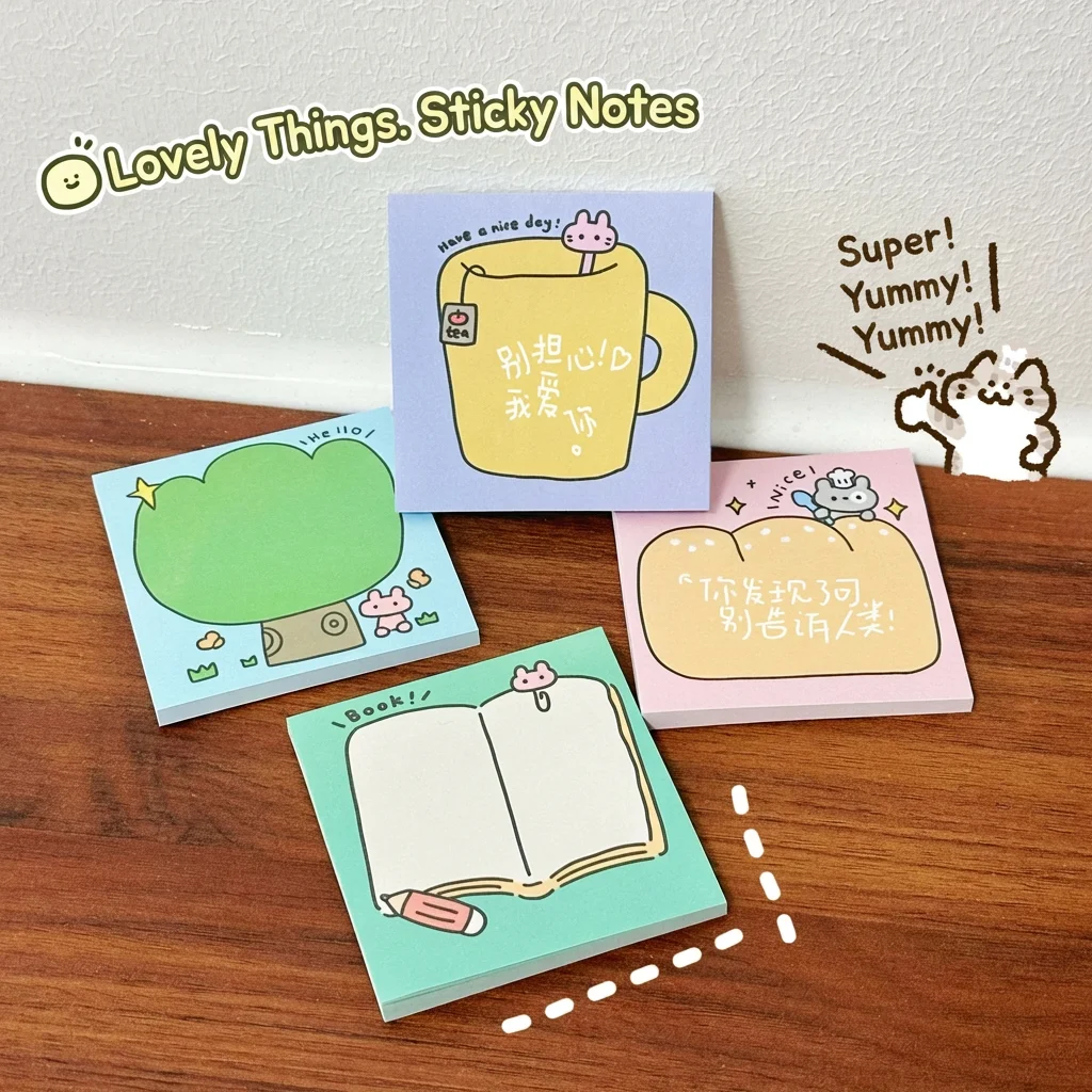 Cute Cartoon Printed Sticky Notes Memo Pad 50 Sheets Thick Square Reusable Notepads for Student School Study Daily Planning