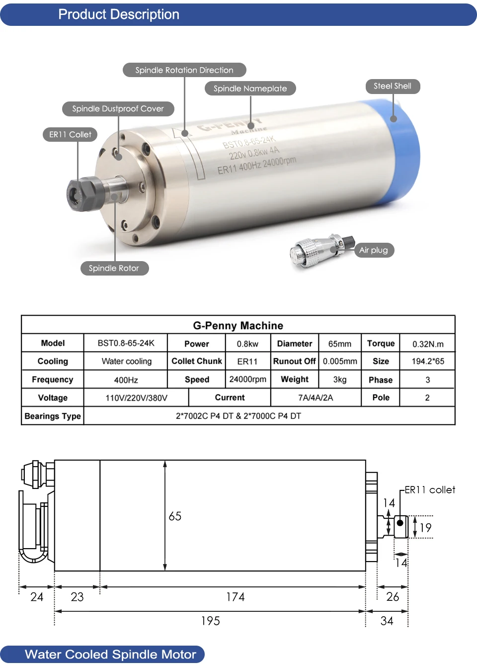 G-Penny 800W wassergekühlter CNC-Spindelmotor 110V/220V ER11 24000RPM 400Hz 65×195mm 4 Lager für Holz-, ABS- und Aluminiumgravur – Detail 2