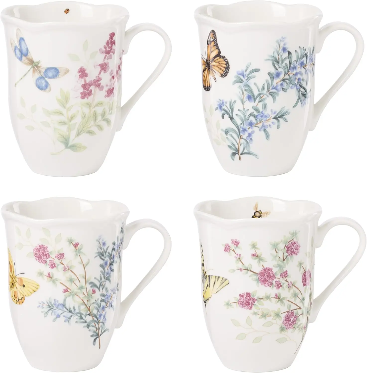 Butterfly Meadow Herbs Porcelain Mugs, Set of 4, Dishwasher and Microwave Safe