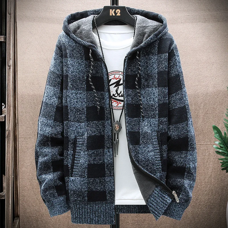 2024 Autumn and Winter New Fashion Plaid Large Size Hooded Sweater Men's Casual Loose Thick Warm High Quality Sweater M-4XL