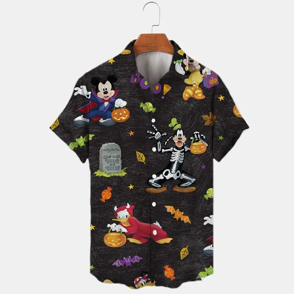 Miniso Disney Halloween Mickey Minnie Men Anime Print Short Sleeve Street Shirt Women Party Wear Boys Girls Street Tops