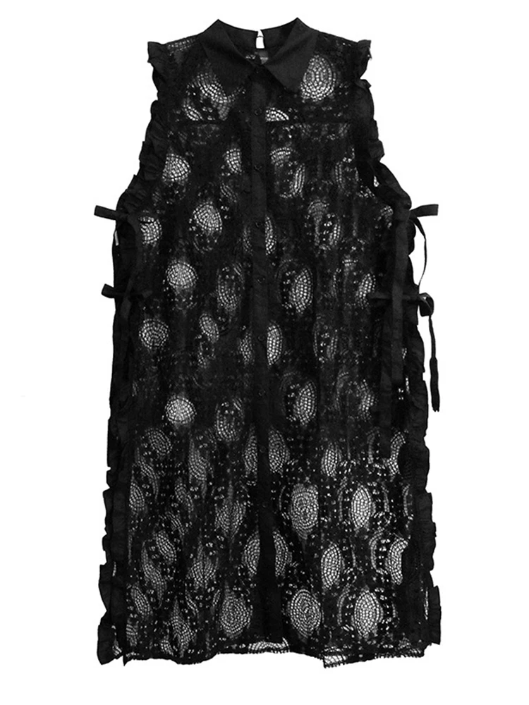 [EAM] Women Black Lace Perspective Big Size Long Shirt Dress New Lapel Sleeveless Fashion Tide Spring Summer 2024 1DH6292