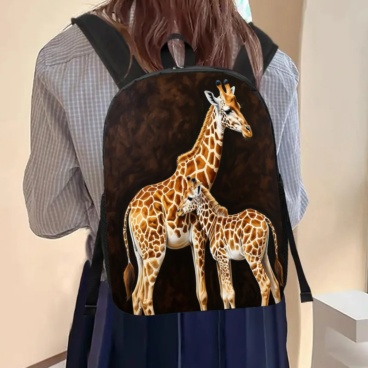 

An oil-painted style long-necked deer large-capacity 17-inch casual backpack with a laptop bag and a water bottle holder